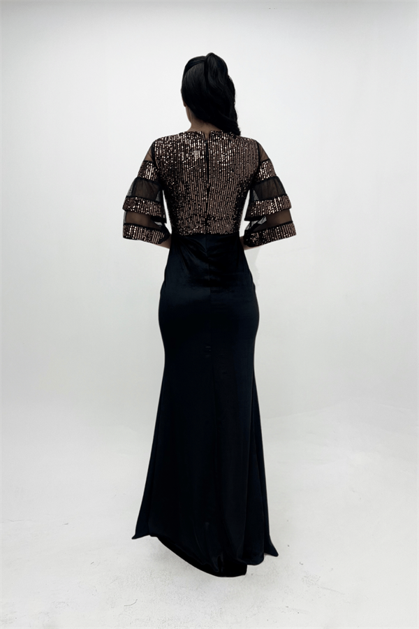 Upper Sequin Bottom Velvet Evening Dress Bronze
