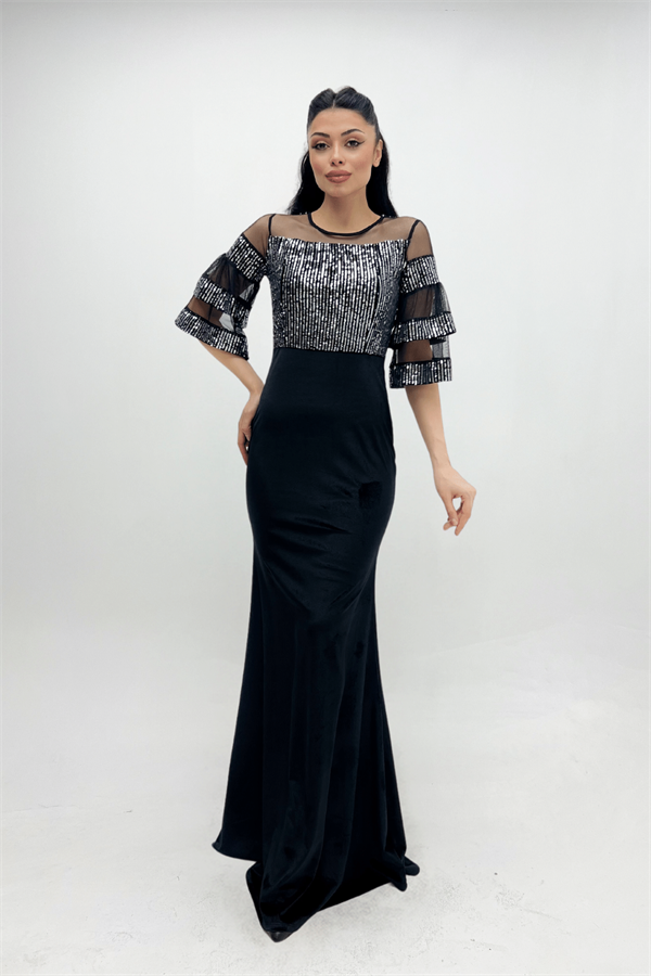 Upper Sequin Bottom Velvet Evening Dress Silver