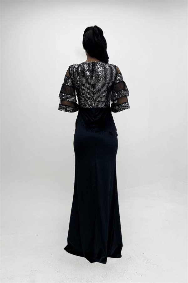 Upper Sequin Bottom Velvet Evening Dress Silver