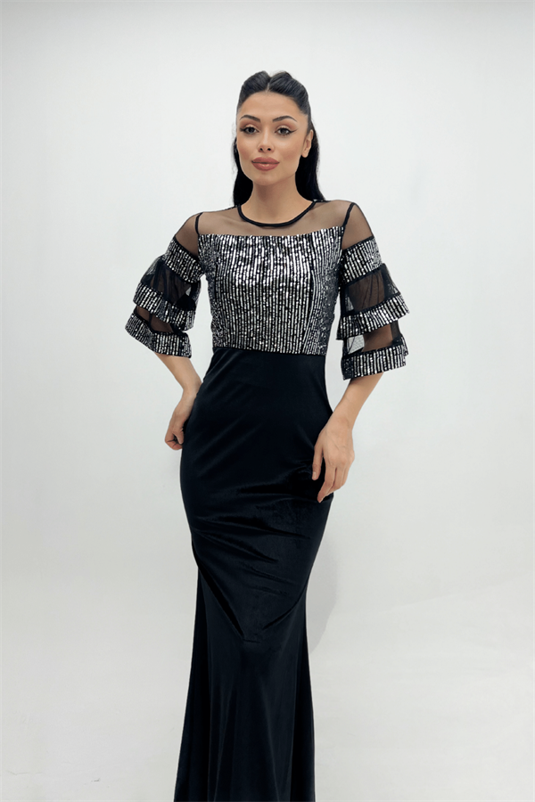 Upper Sequin Bottom Velvet Evening Dress Silver