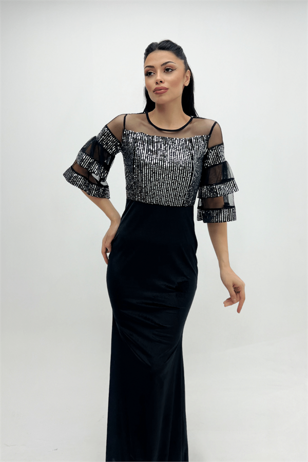 Upper Sequin Bottom Velvet Evening Dress Silver