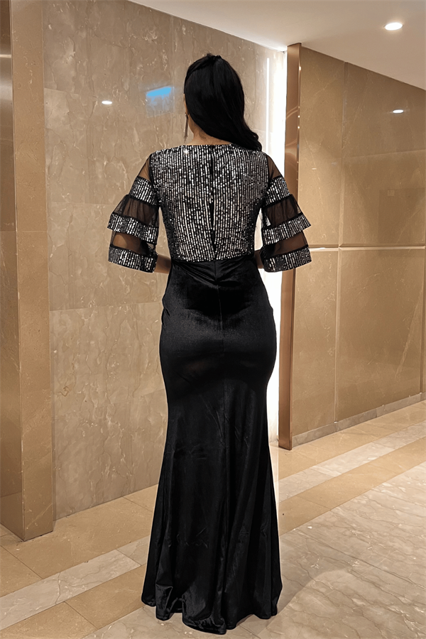 Üst Payet Alt Kadife Abiye Elbise  - Gümüş