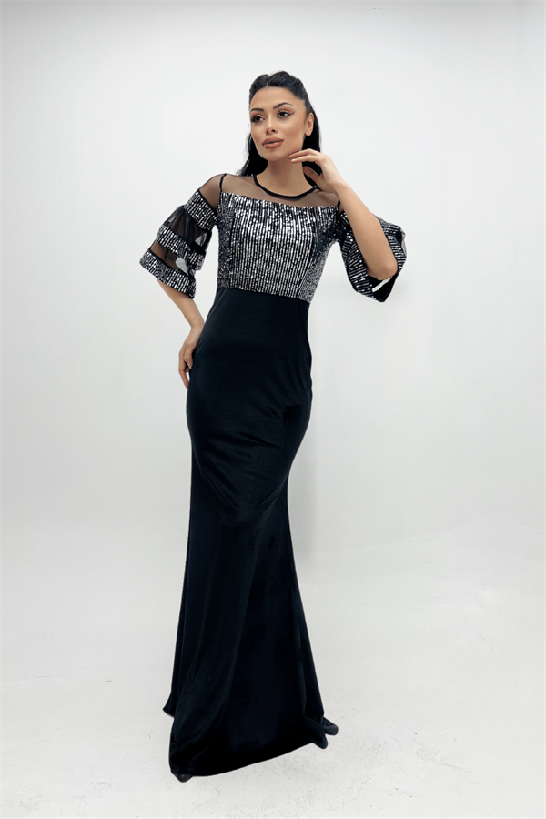 Upper Sequin Bottom Velvet Evening Dress Silver