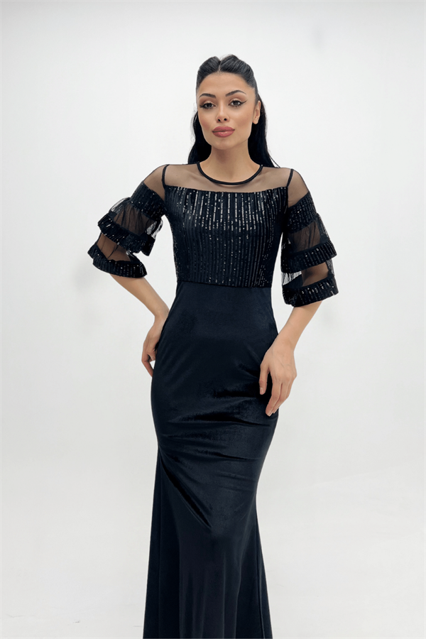 Upper Sequin Bottom Velvet Evening Dress Black