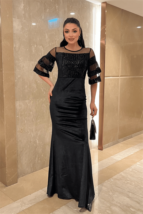 Üst Payet Alt Kadife Abiye Elbise  - Siyah