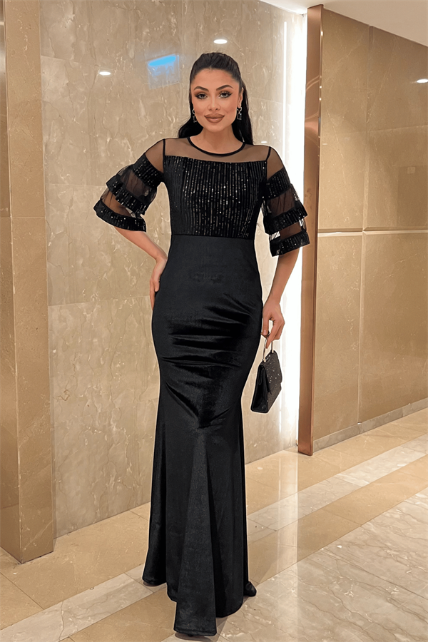 Üst Payet Alt Kadife Abiye Elbise  - Siyah