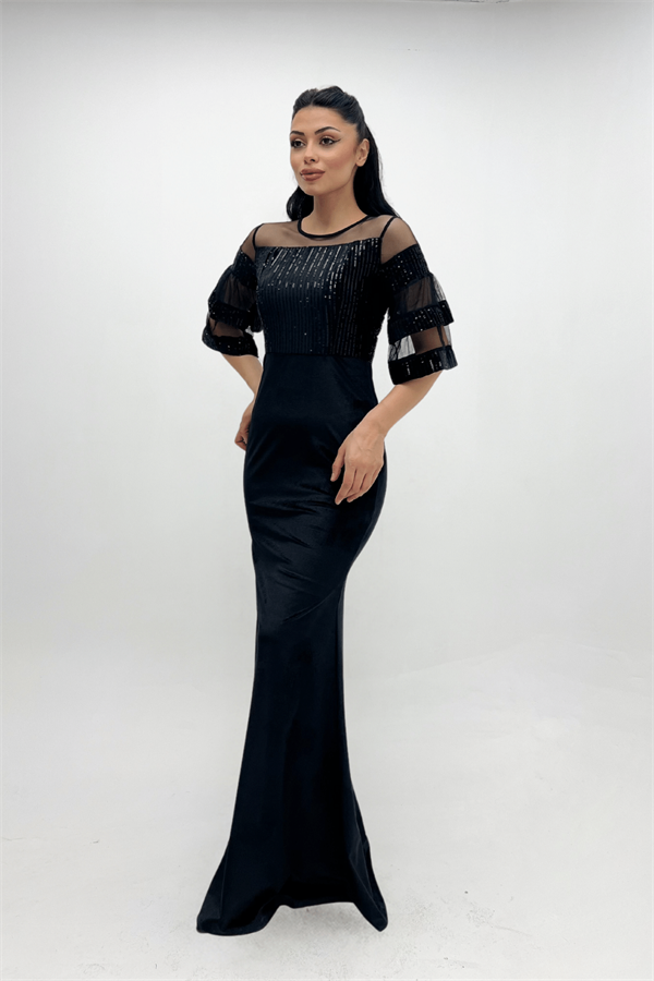Upper Sequin Bottom Velvet Evening Dress Black
