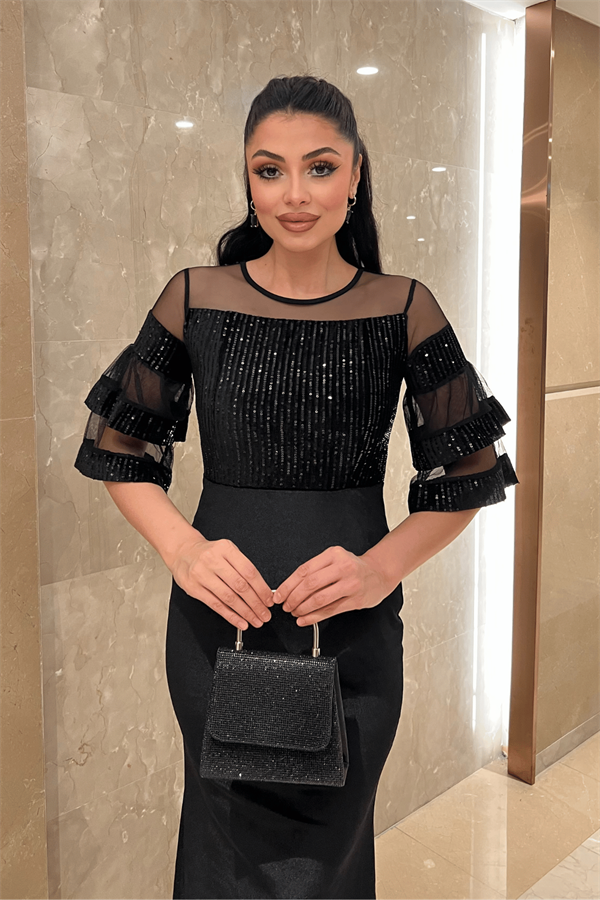 Üst Payet Alt Kadife Abiye Elbise  - Siyah