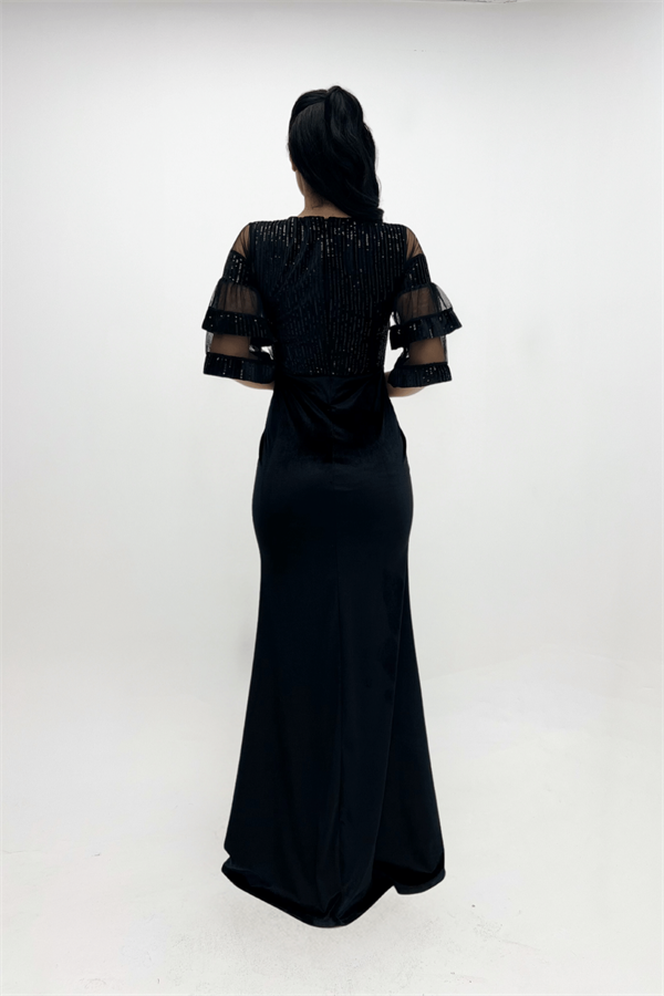 Upper Sequin Bottom Velvet Evening Dress Black