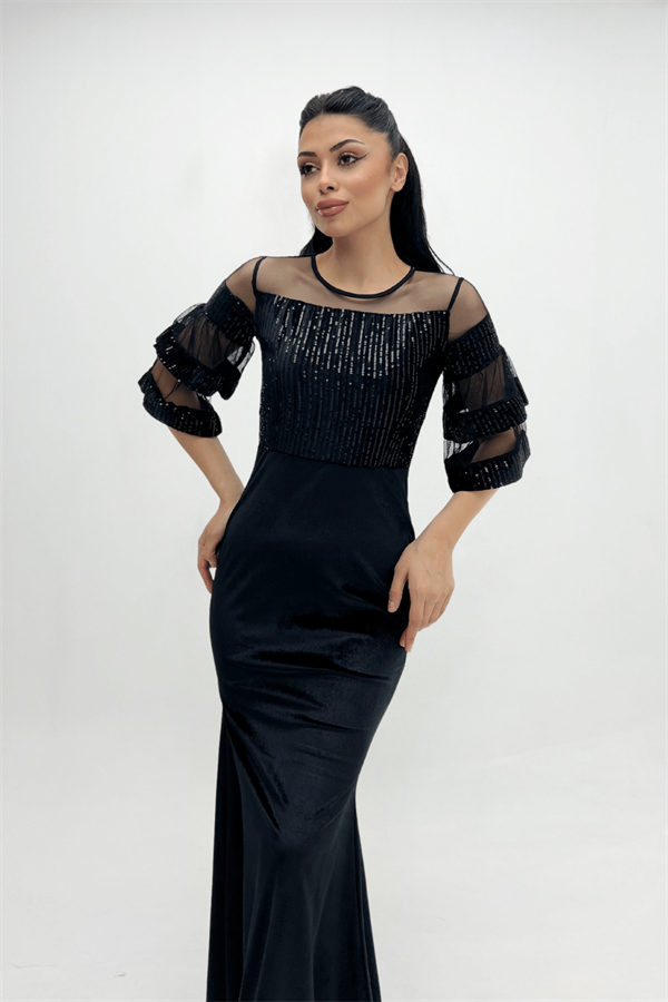 Upper Sequin Bottom Velvet Evening Dress Black