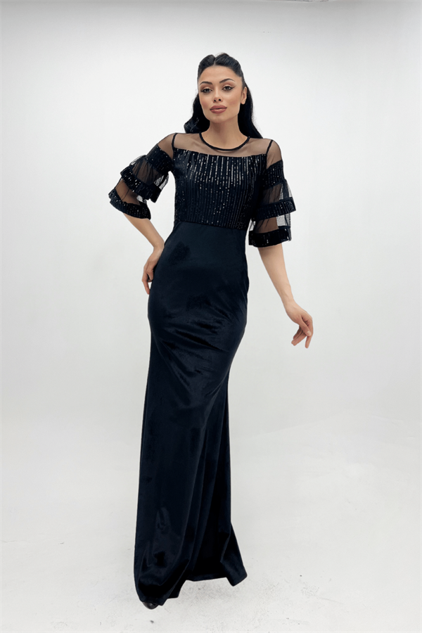 Upper Sequin Bottom Velvet Evening Dress Black