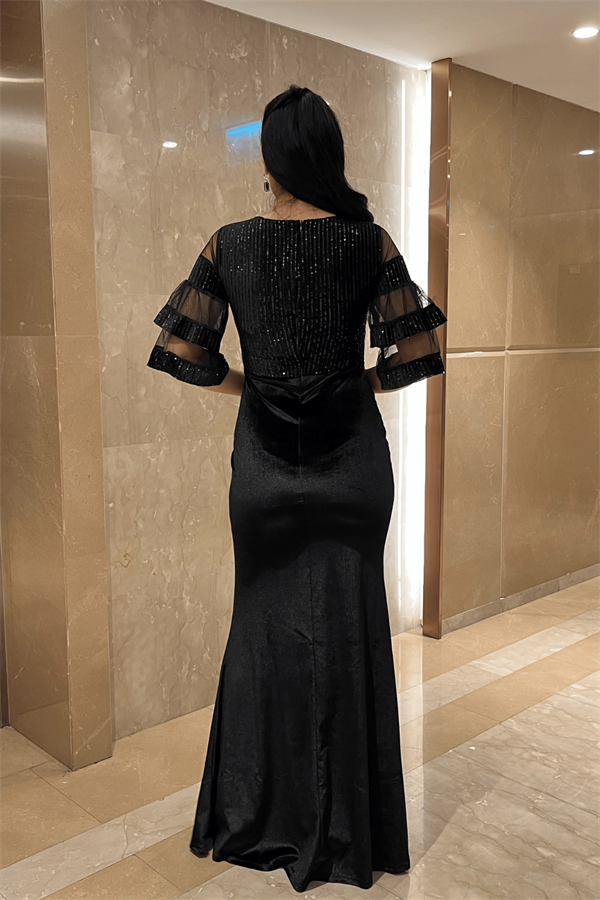 Üst Payet Alt Kadife Abiye Elbise  - Siyah
