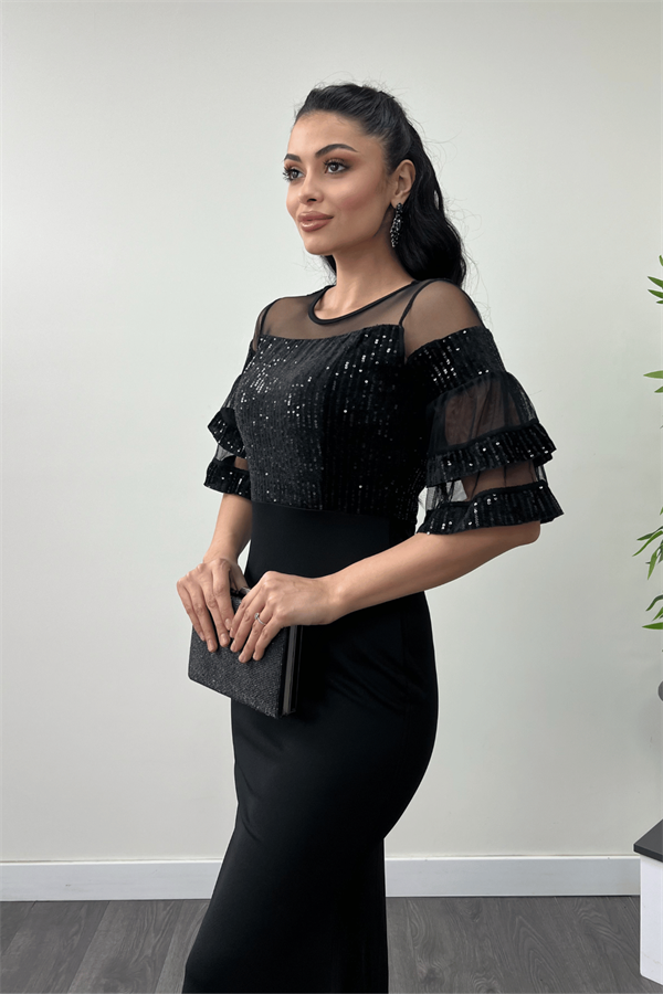 Upper Sequin Lower Crepe Fabric Evening Dress Black
