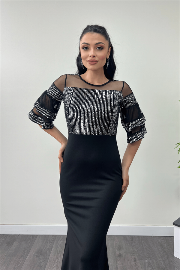 Upper Sequin Lower Crepe Fabric Evening Dress Silver