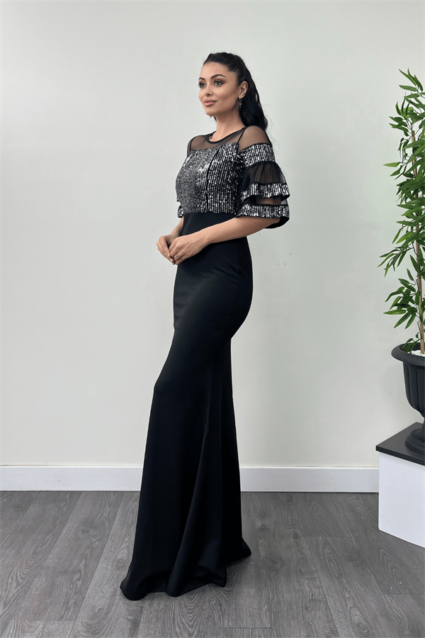 Upper Sequin Lower Crepe Fabric Evening Dress Silver