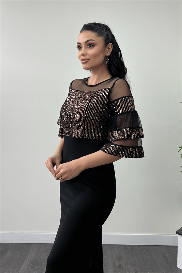 Upper Sequin Lower Crepe Fabric Evening Dress Bronze