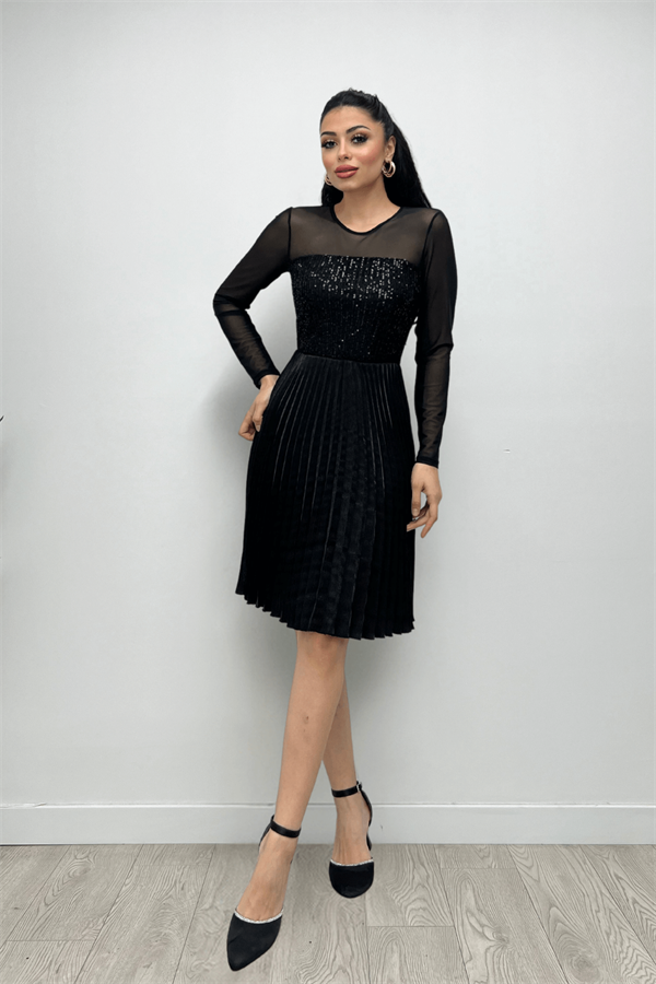 Üst Payet Alt Pliseli Midi Elbise - SİYAH