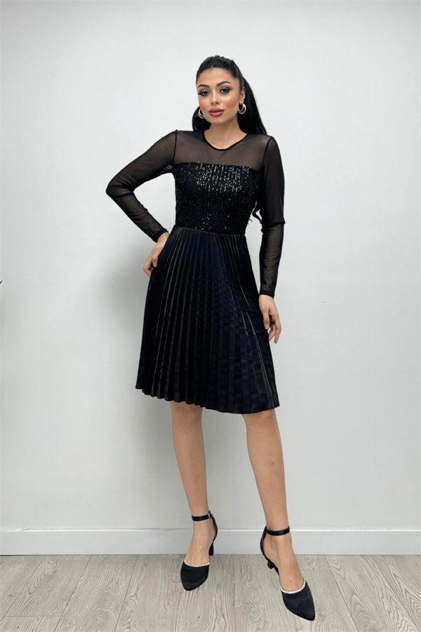 Üst Payet Alt Pliseli Midi Elbise - SİYAH