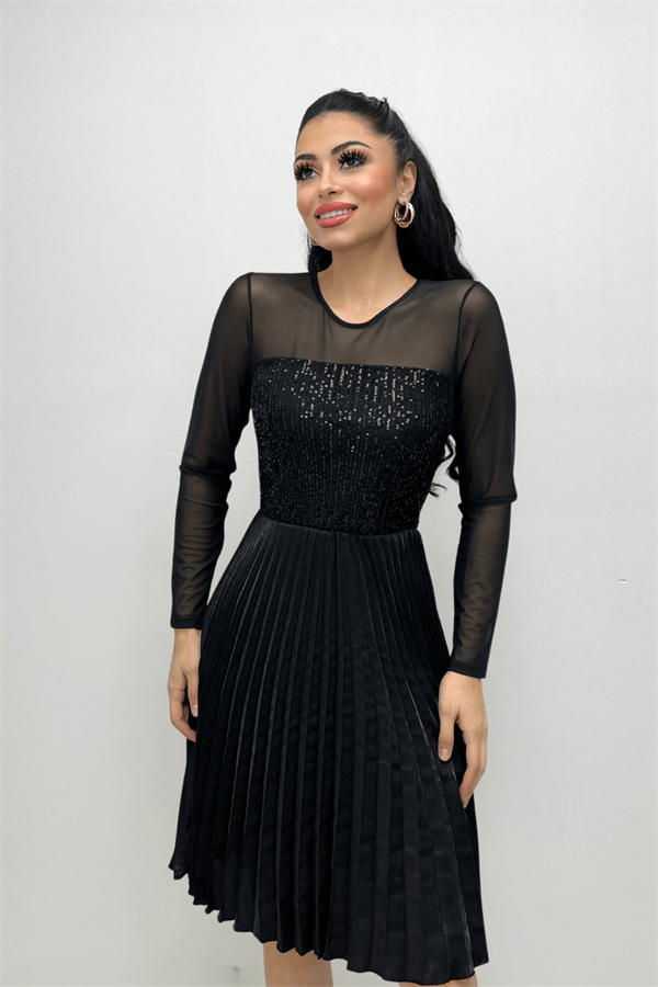Üst Payet Alt Pliseli Midi Elbise - SİYAH