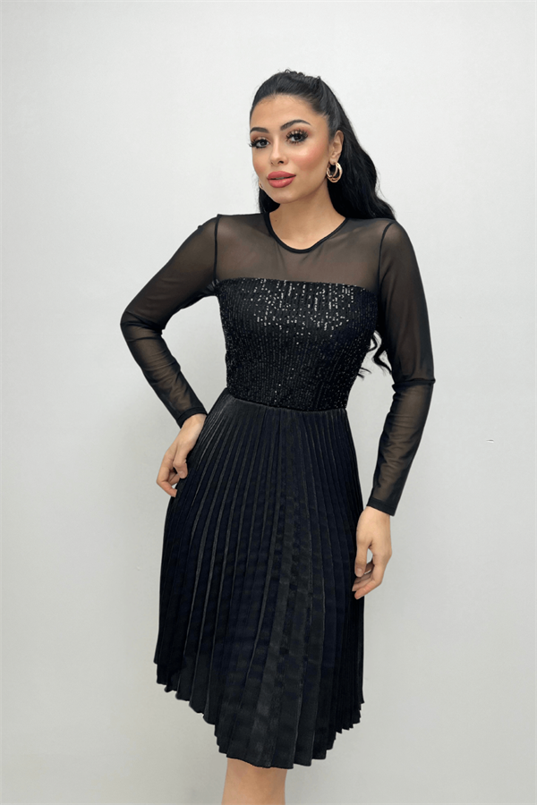 Üst Payet Alt Pliseli Midi Elbise - SİYAH