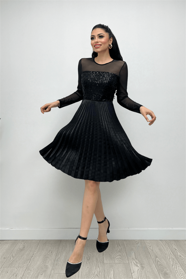 Üst Payet Alt Pliseli Midi Elbise - SİYAH