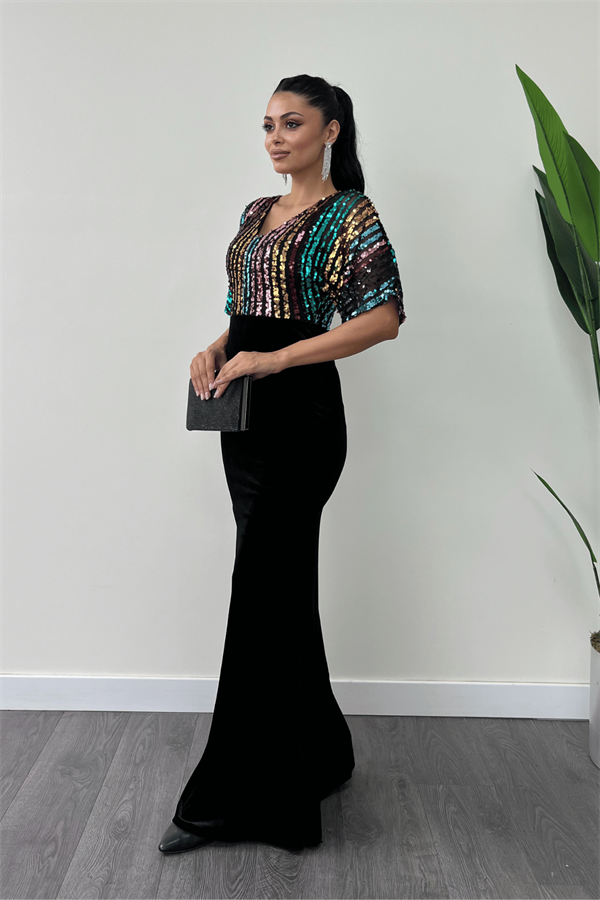 فستان سمكة بأكمام الخفافيش من القماش المخملي مزين بالترتر الملون - أسود - أسود