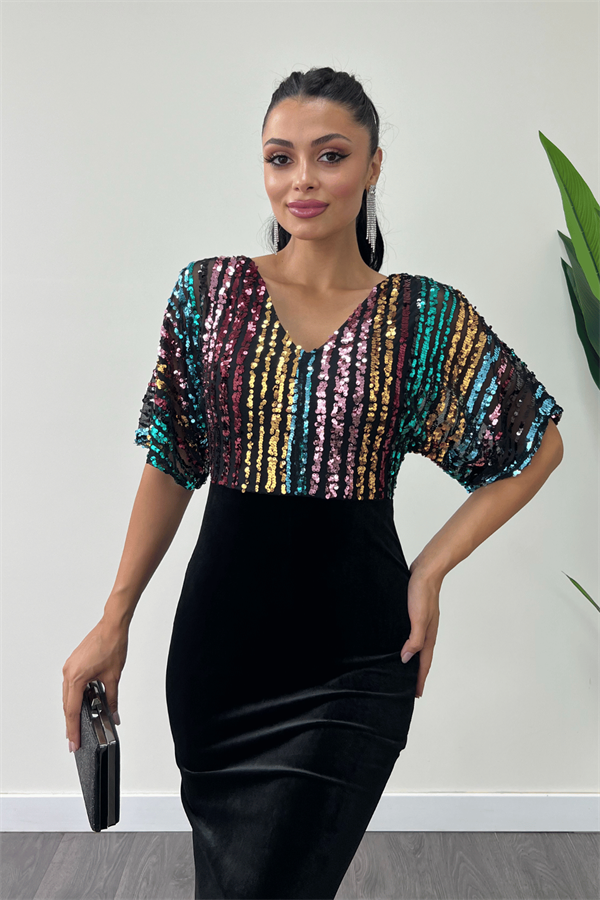 فستان سمكة بأكمام الخفافيش من القماش المخملي مزين بالترتر الملون - أسود - أسود