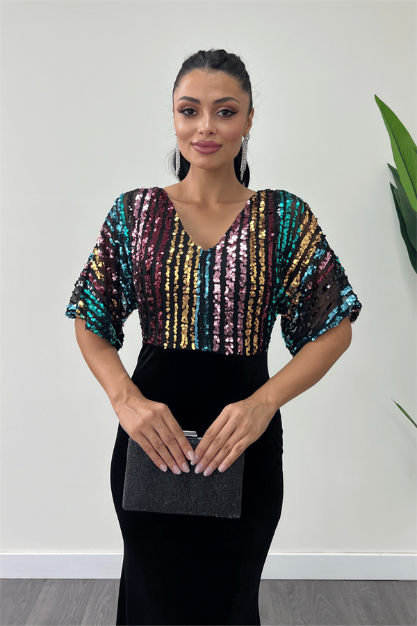 فستان سمكة بأكمام الخفافيش من القماش المخملي مزين بالترتر الملون - أسود - أسود