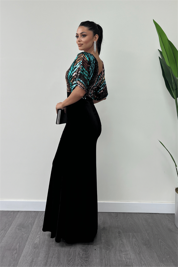 فستان سمكة بأكمام الخفافيش من القماش المخملي مزين بالترتر الملون - أسود - أسود