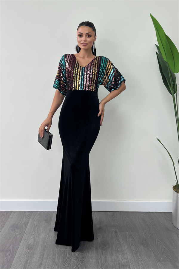 فستان سمكة بأكمام الخفافيش من القماش المخملي مزين بالترتر الملون - أسود - أسود