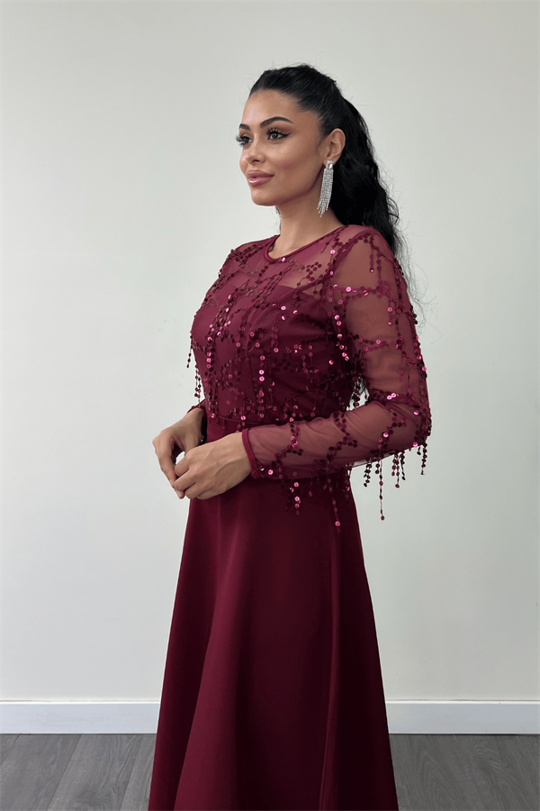 Üst Saçaklı Payet Alt Double Kumaş Midiboy Elbise - BORDO