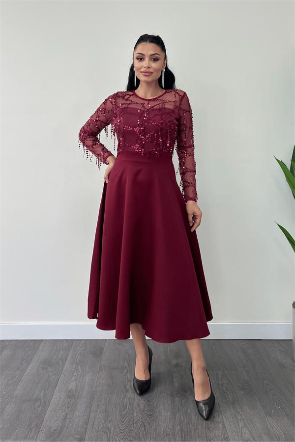 Üst Saçaklı Payet Alt Double Kumaş Midiboy Elbise - BORDO