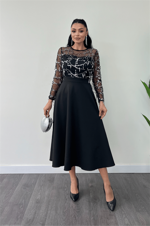 Üst Saçaklı Payet Alt Double Kumaş Midiboy Elbise - GÜMÜŞ