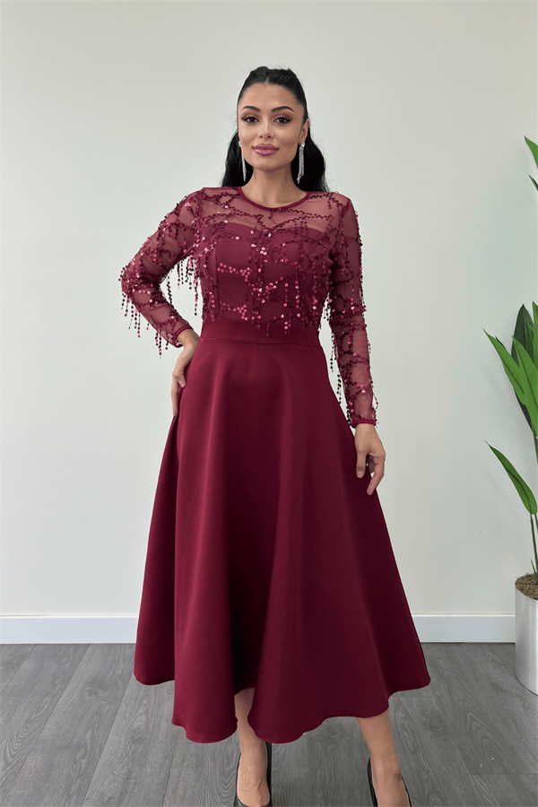 Üst Saçaklı Payet Alt Double Kumaş Midiboy Elbise - BORDO