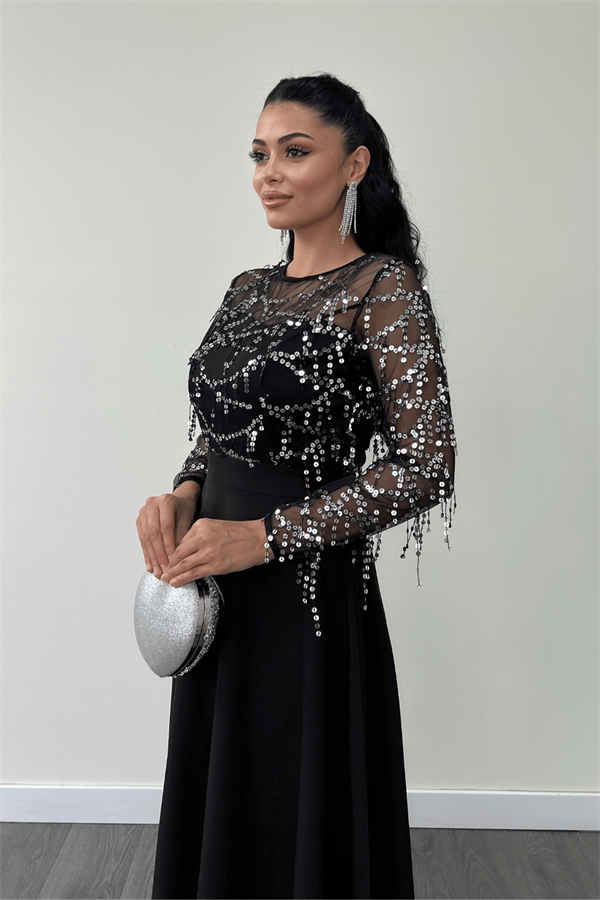 Üst Saçaklı Payet Alt Double Kumaş Midiboy Elbise - GÜMÜŞ