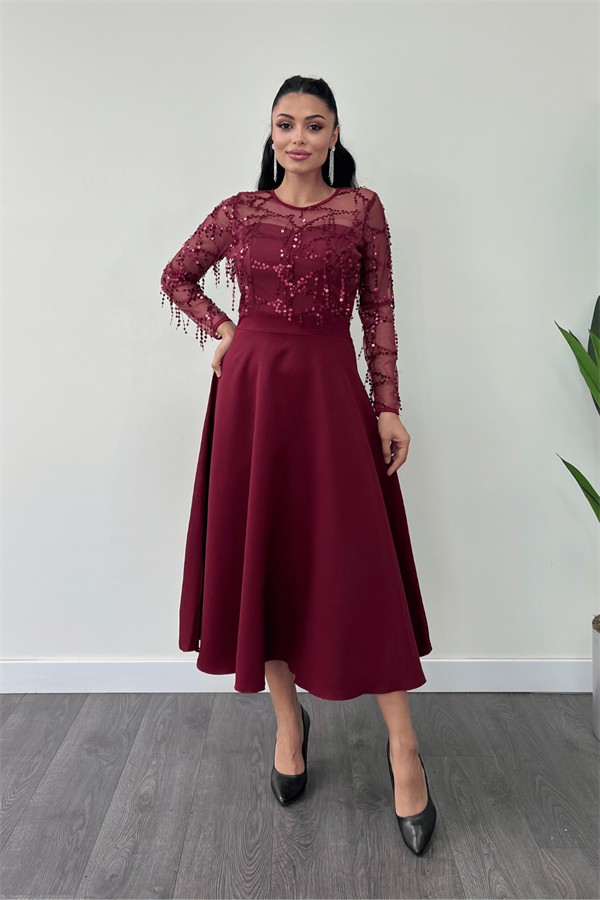 Üst Saçaklı Payet Alt Double Kumaş Midiboy Elbise - BORDO