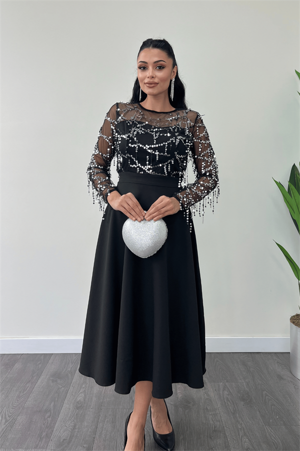 Üst Saçaklı Payet Alt Double Kumaş Midiboy Elbise - GÜMÜŞ