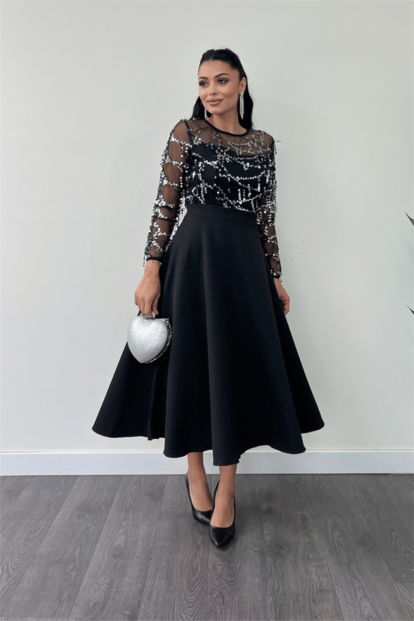 Üst Saçaklı Payet Alt Double Kumaş Midiboy Elbise - GÜMÜŞ