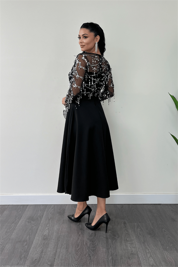 Üst Saçaklı Payet Alt Double Kumaş Midiboy Elbise - GÜMÜŞ