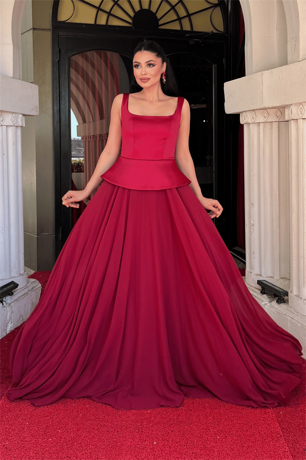 Üst Saten Alt Sifon Tasarım Elbise - BORDO