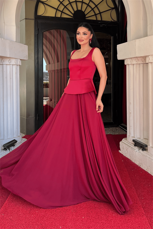 Üst Saten Alt Sifon Tasarım Elbise - BORDO