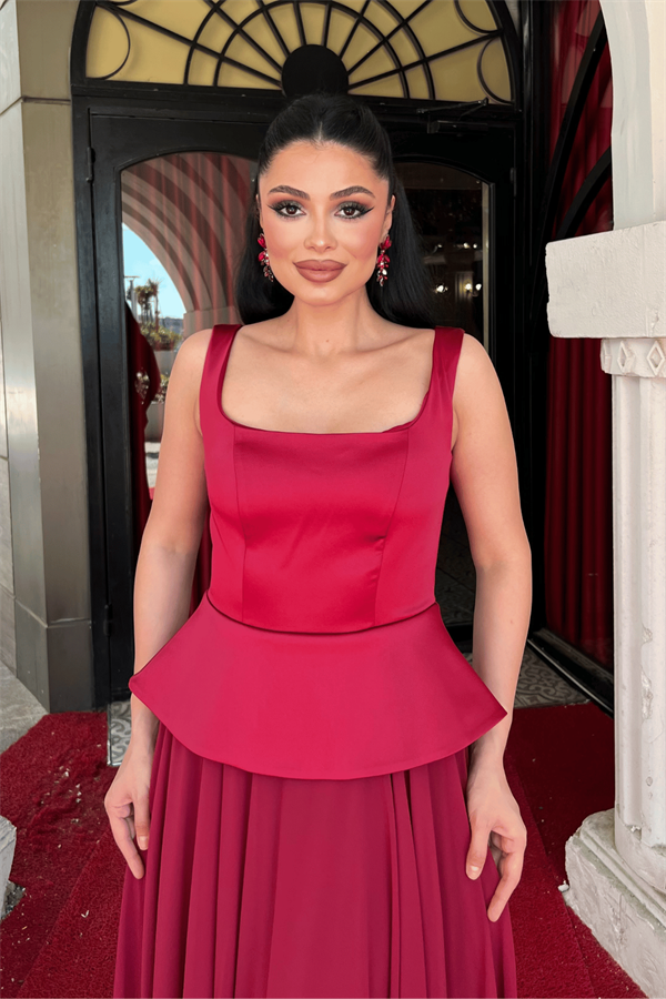 Üst Saten Alt Sifon Tasarım Elbise - BORDO