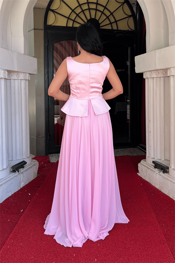 Üst Saten Alt Sifon Tasarım Elbise - PEMBE