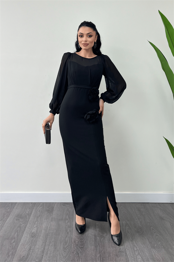 Üst Şifon Alt Atlas Kumaş Çiçek Detaylı Abiye Elbise - SİYAH