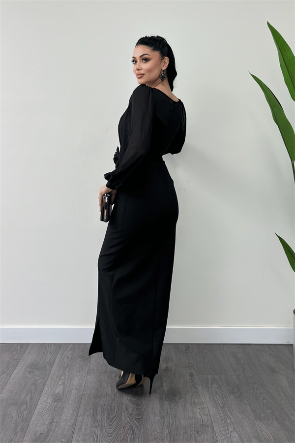 Üst Şifon Alt Atlas Kumaş Çiçek Detaylı Abiye Elbise - SİYAH