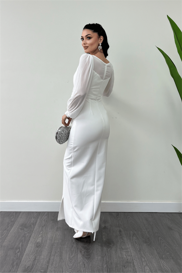 Üst Şifon Alt Atlas Kumaş Çiçek Detaylı Abiye Elbise - BEYAZ