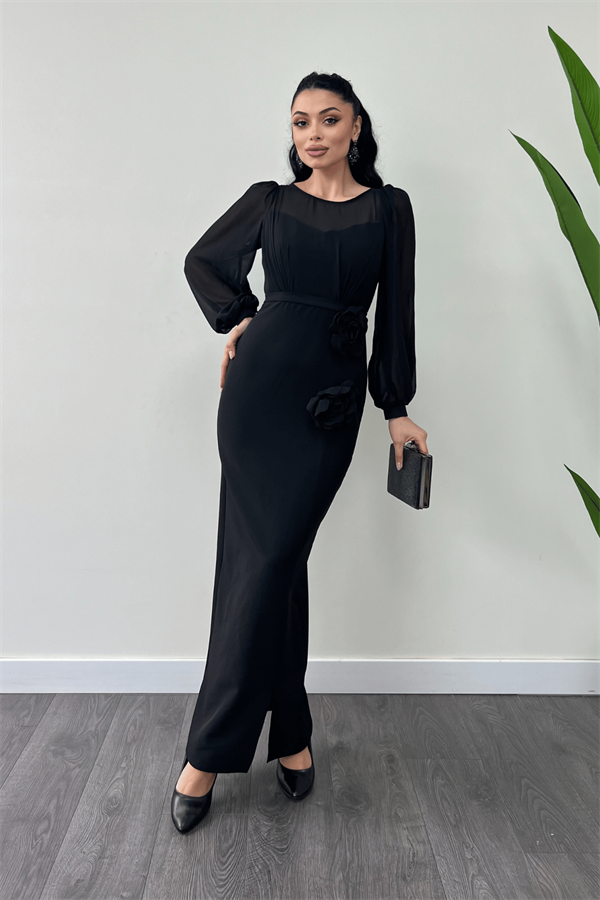 Üst Şifon Alt Atlas Kumaş Çiçek Detaylı Abiye Elbise - SİYAH