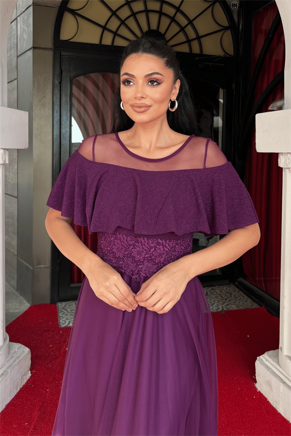 Üst Simli Kumaş Alt Tül Kumaş Detaylı Abiye Elbise - PATLICAN MOR