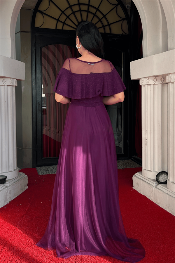 Üst Simli Kumaş Alt Tül Kumaş Detaylı Abiye Elbise - PATLICAN MOR