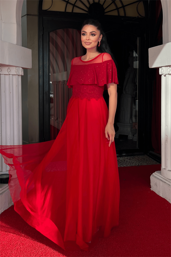 Üst Simli Kumaş Alt Tül Kumaş Detaylı Abiye Elbise - KIRMIZI